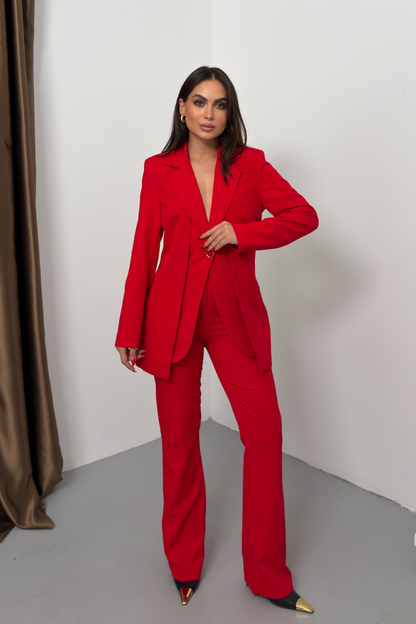 Kadın İkili Alt Üst Takım Şık Çift Katlı Düğmeli Blazer Ceket Bol Paça Pantolon Takım