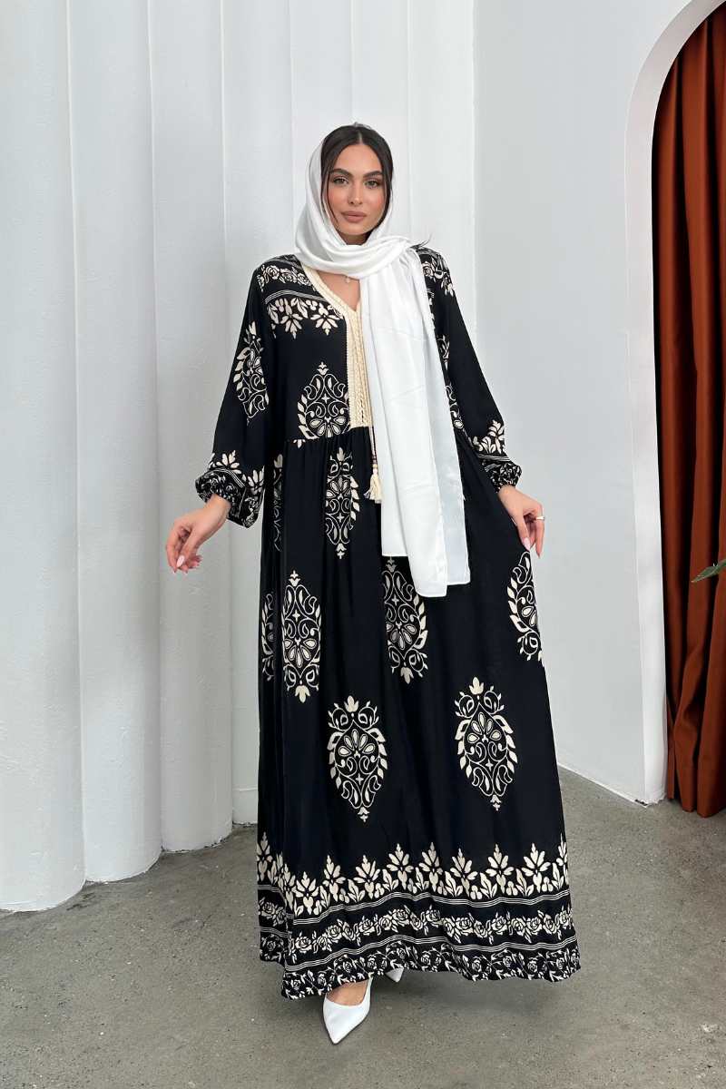 Kadın Elbise Uzun Yazlık Desenli V Yaka Tesettür Elbise