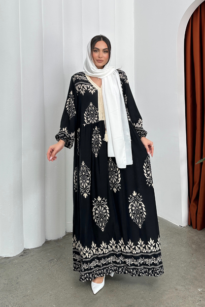 Kadın Elbise Uzun Yazlık Desenli V Yaka Tesettür Elbise
