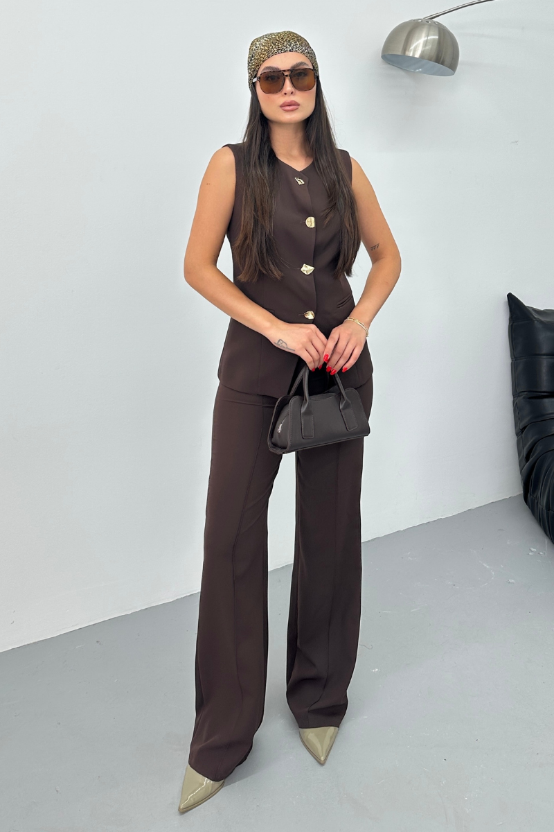 Kadın İkili Alt Üst Takım Şık Düğme Detaylı Bisiklet Yaka Regular Yelek Pantolon Takım