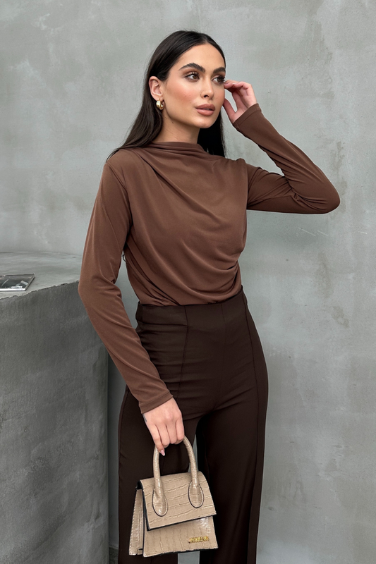 Kadın Bluz Drapeli Uzun Kollu Sandy Kumaş Yüksek Yakalı Likralı Bluz