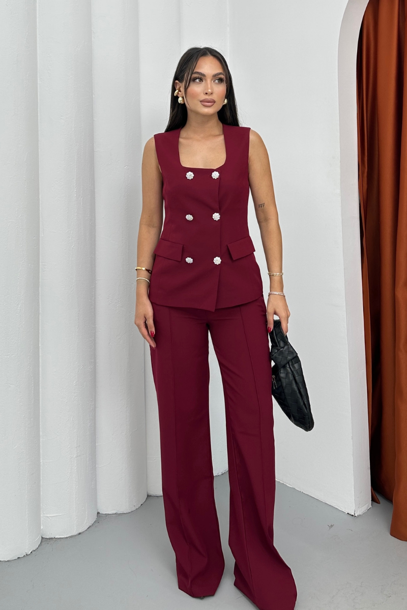 Kadın İkili Alt Üst Takım Şık Düğme Detaylı Kare Yaka Yelek Pantolon Takım