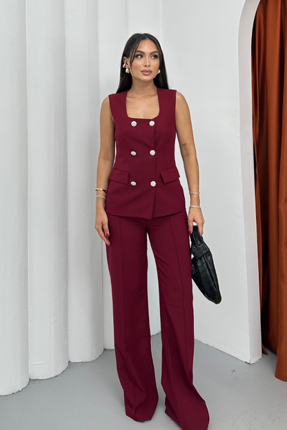 Kadın İkili Alt Üst Takım Şık Düğme Detaylı Kare Yaka Yelek Pantolon Takım