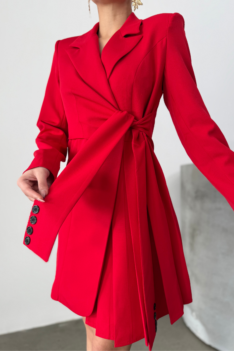 Kadın Elbise Mini Şık Uzun Kollu Kuşaklı Kruvaze Yaka Pileli Ceket Elbise