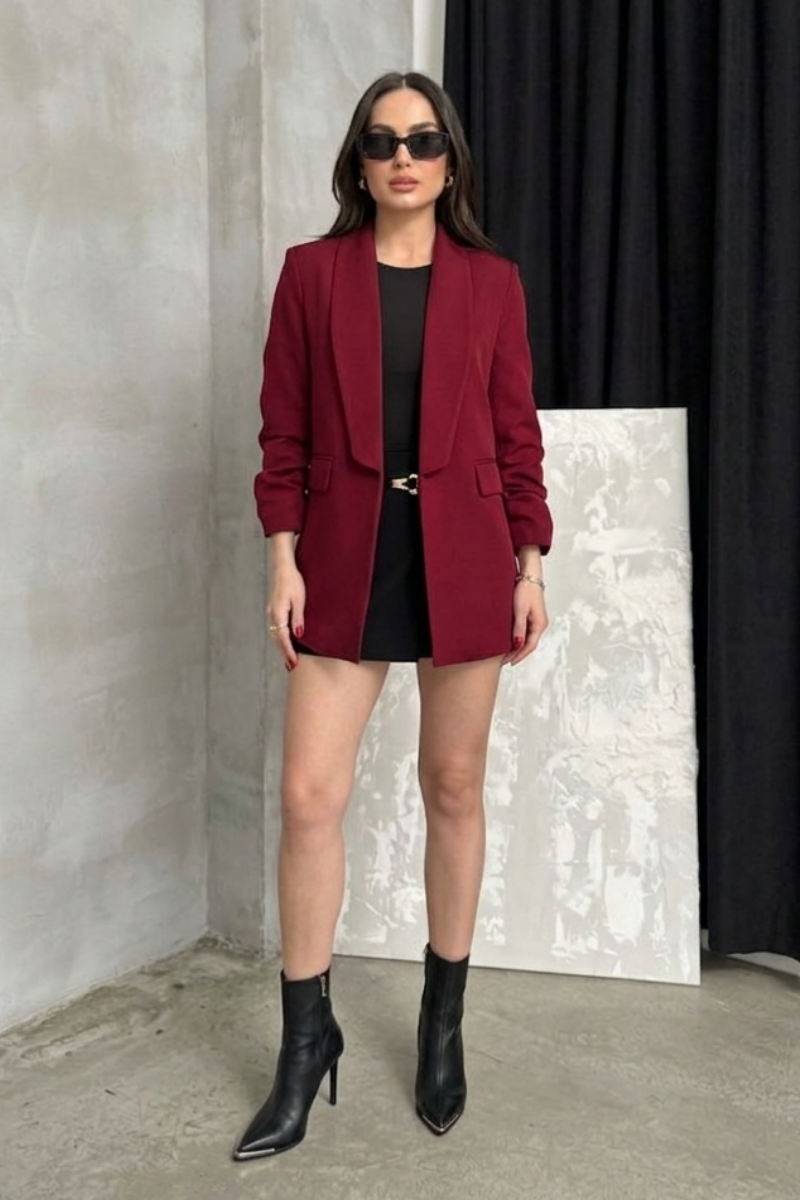 Kadın Blazer Ceket Şal Yaka Kolu Büzgülü Uzun Kollu Cep Görünümlü Regular Kalıp Astarlı Ceket