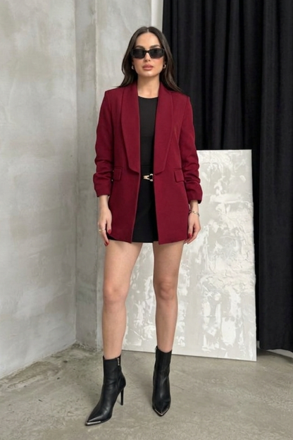 Kadın Blazer Ceket Şal Yaka Kolu Büzgülü Uzun Kollu Cep Görünümlü Regular Kalıp Astarlı Ceket
