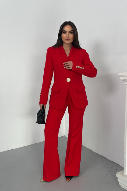 Kadın İkili Takım Şık Düğme Detaylı Dik Yaka Blazer Ceket Bol Paça Pantolon Takım