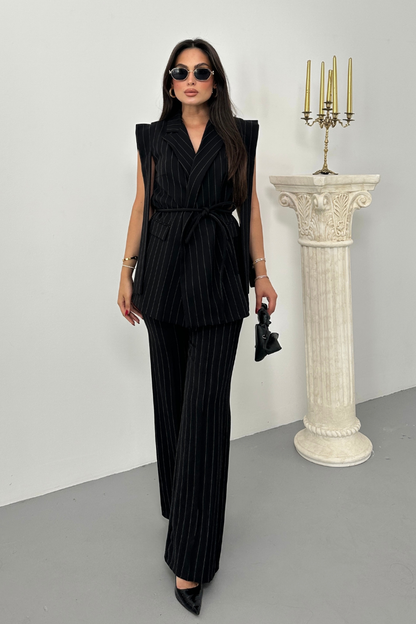 Kadın Alt Üst İkili Takım Çizgili Omuz Detaylı Kuşaklı Yelek Pantolon Takım