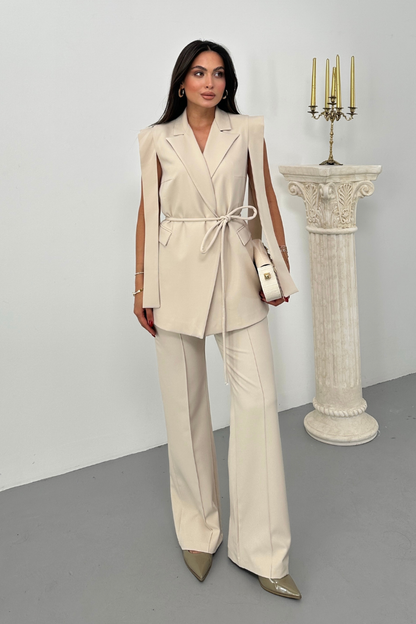 Kadın Alt Üst İkili Takım Omuz Detaylı Kuşaklı Yelek Pantolon Takım