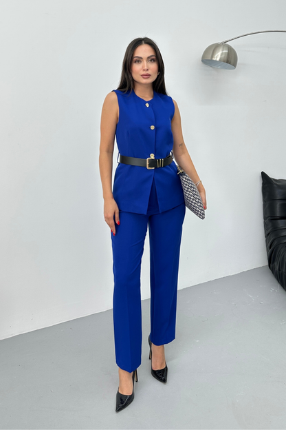 Kadın İkili Alt Üst Takım Şık Kemerli Düğme Detaylı Bisiklet Yaka Regular Yelek Pantolon Takım