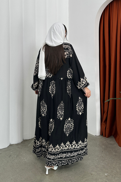 Kadın Elbise Uzun Yazlık Desenli V Yaka Tesettür Elbise