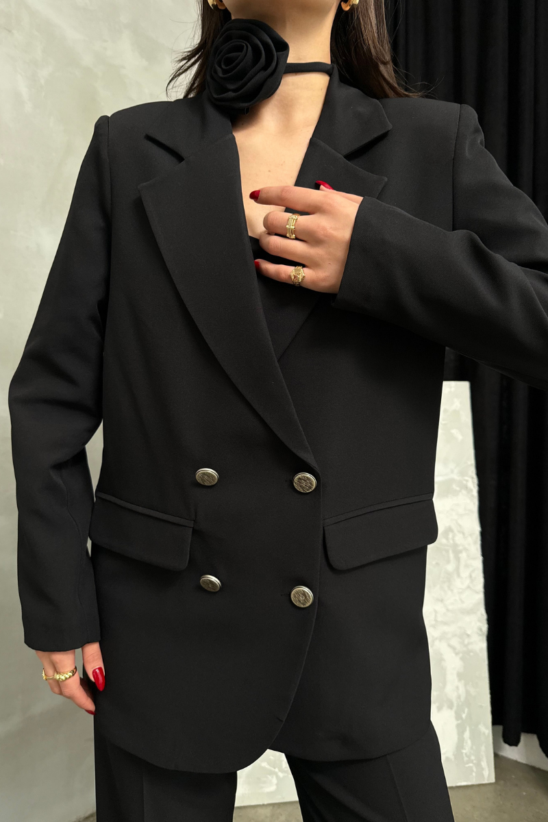 Kadın İkili Blazer Ceket Pantolon Takım Aksesuar ve Düğme Detaylı Bol Paça