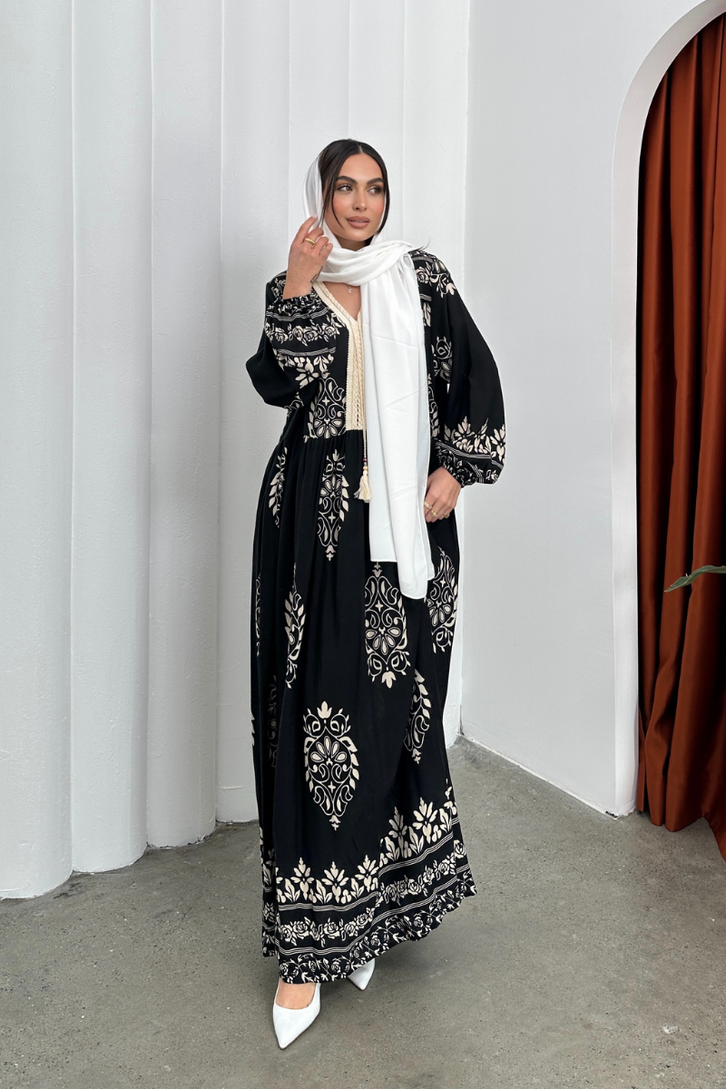 Kadın Elbise Uzun Yazlık Desenli V Yaka Tesettür Elbise