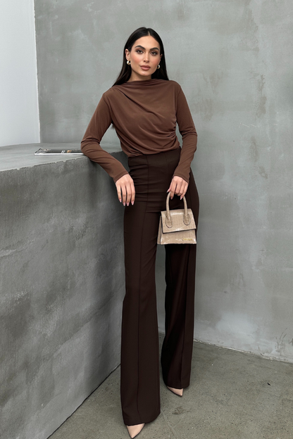 Kadın Bluz Drapeli Uzun Kollu Sandy Kumaş Yüksek Yakalı Likralı Bluz