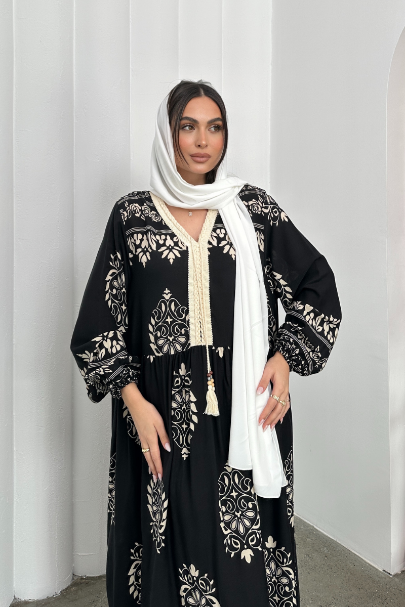 Kadın Elbise Uzun Yazlık Desenli V Yaka Tesettür Elbise