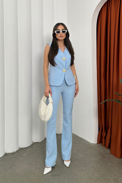 Kadın Alt Üst Takım Şık Düğme Detaylı Yelek Pantolon İkili Takım