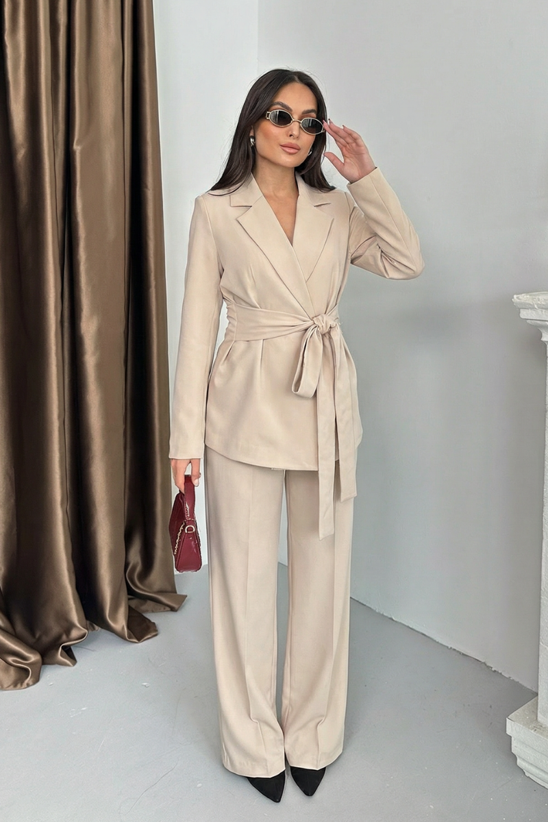 Kadın Ceket Pantolon Takım Beli Bağlama Detaylı Blazer Ceket Bol Paça Pantolon Takım Elbise