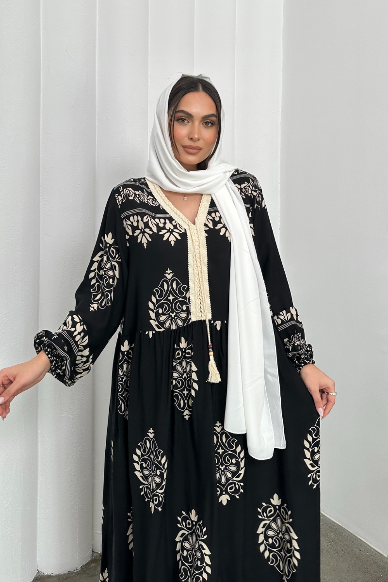 Kadın Elbise Uzun Yazlık Desenli V Yaka Tesettür Elbise