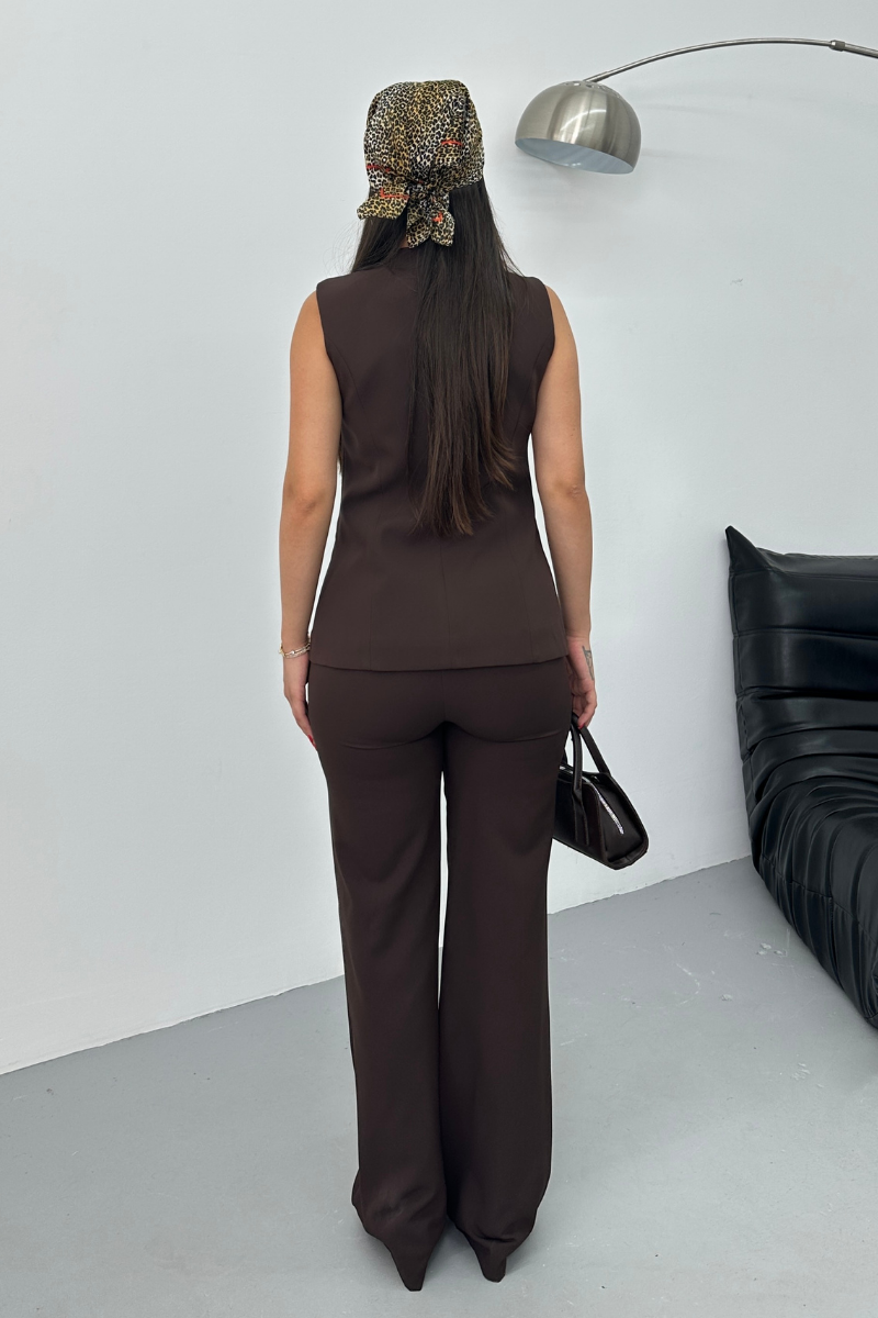 Kadın İkili Alt Üst Takım Şık Düğme Detaylı Bisiklet Yaka Regular Yelek Pantolon Takım