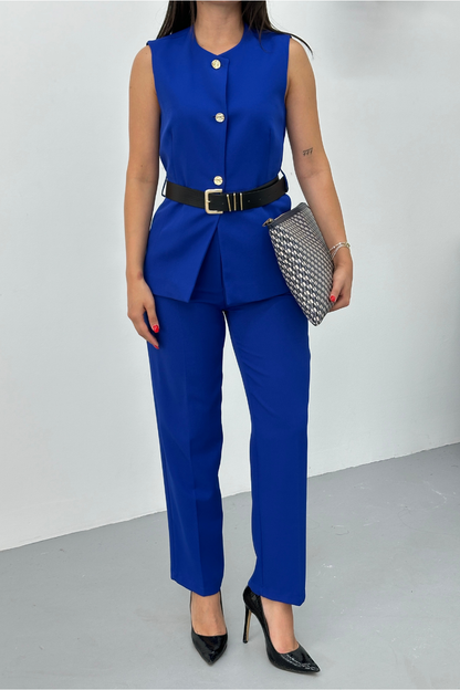 Kadın İkili Alt Üst Takım Şık Kemerli Düğme Detaylı Bisiklet Yaka Regular Yelek Pantolon Takım