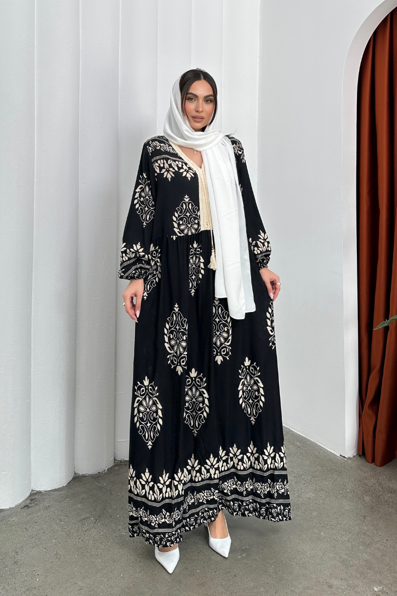 Kadın Elbise Uzun Yazlık Desenli V Yaka Tesettür Elbise