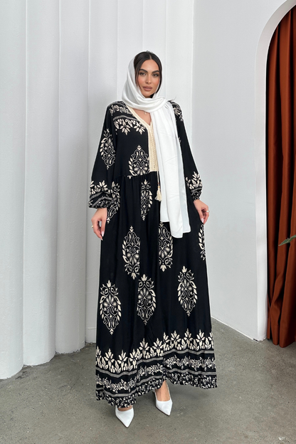 Kadın Elbise Uzun Yazlık Desenli V Yaka Tesettür Elbise