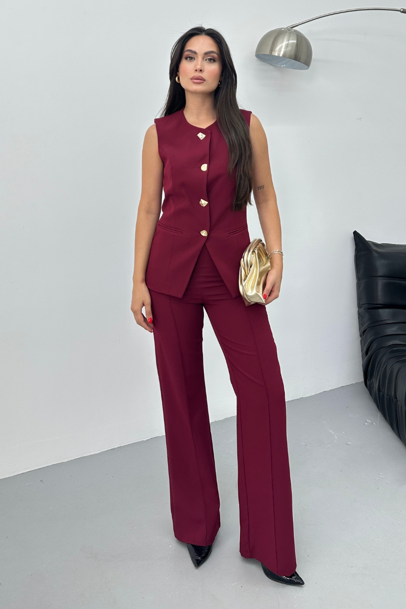 Kadın İkili Alt Üst Takım Şık Düğme Detaylı Bisiklet Yaka Regular Yelek Pantolon Takım