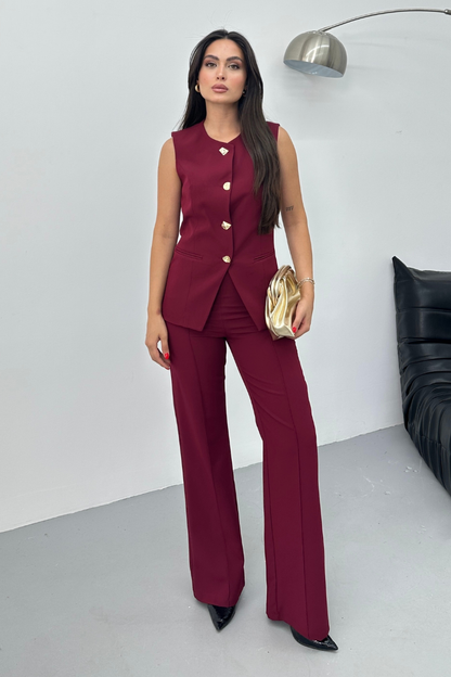 Kadın İkili Alt Üst Takım Şık Düğme Detaylı Bisiklet Yaka Regular Yelek Pantolon Takım