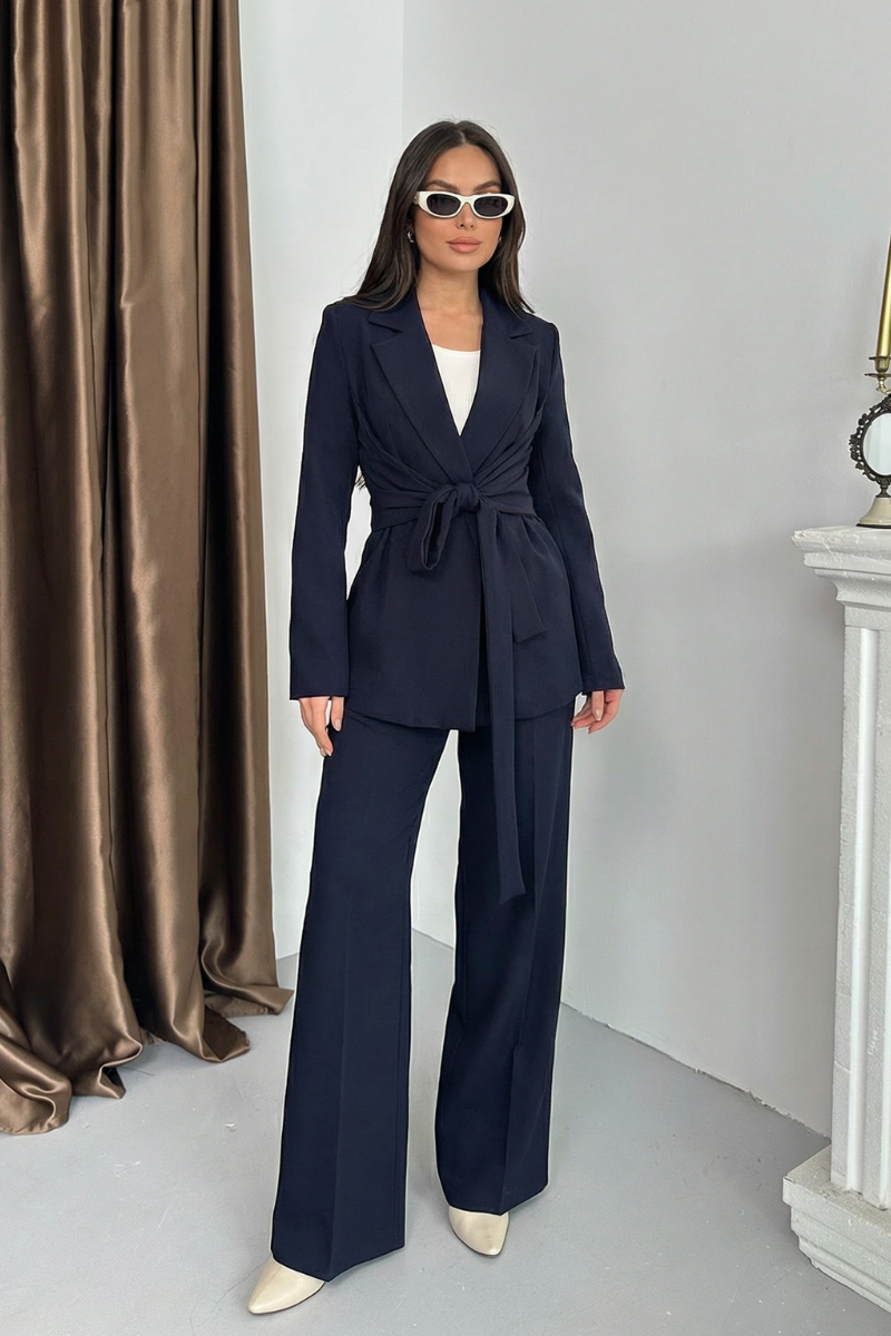 Kadın Ceket Pantolon Takım Beli Bağlama Detaylı Blazer Ceket Bol Paça Pantolon Takım Elbise