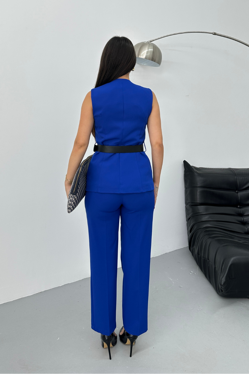 Kadın İkili Alt Üst Takım Şık Kemerli Düğme Detaylı Bisiklet Yaka Regular Yelek Pantolon Takım