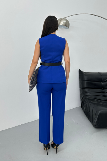 Kadın İkili Alt Üst Takım Şık Kemerli Düğme Detaylı Bisiklet Yaka Regular Yelek Pantolon Takım