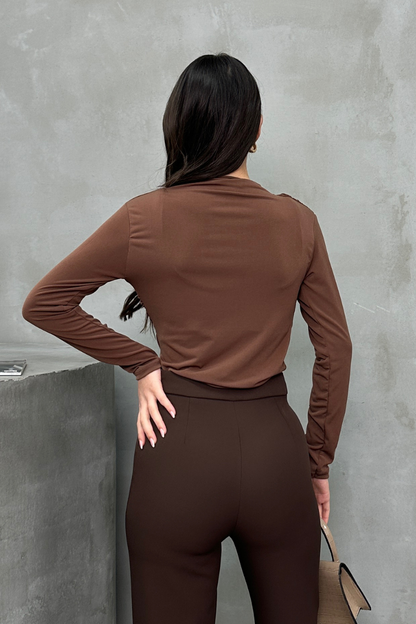 Kadın Bluz Drapeli Uzun Kollu Sandy Kumaş Yüksek Yakalı Likralı Bluz