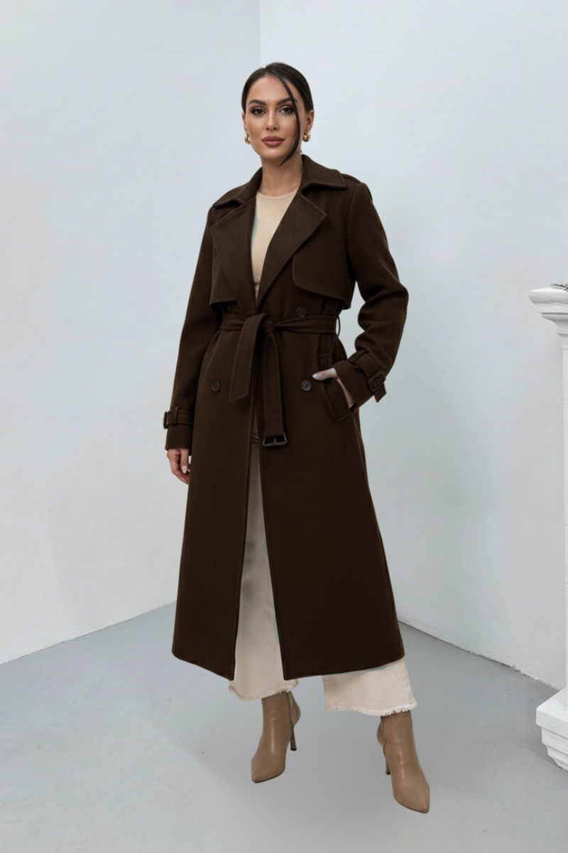 Kadın Kaban Uzun Kaşe  Kuşaklı Düğmeli Cepli Kruvaze Premium Kaban