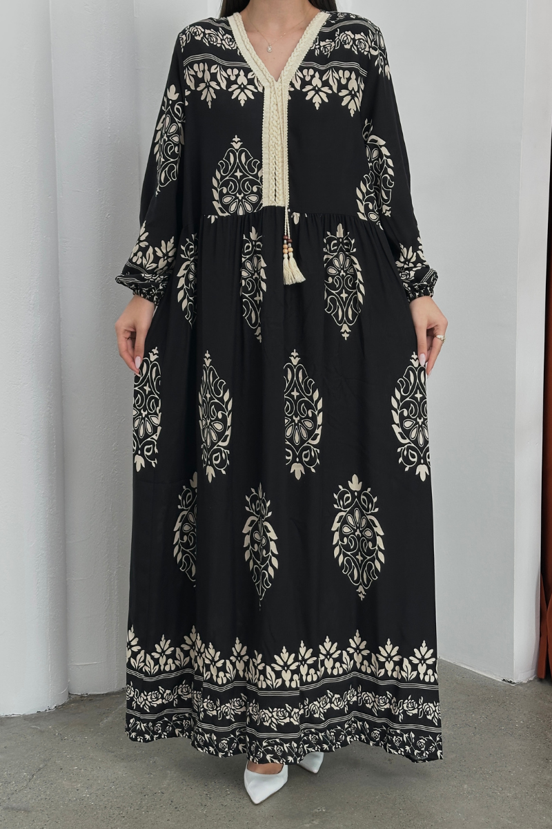 Kadın Elbise Uzun Yazlık Desenli V Yaka Tesettür Elbise