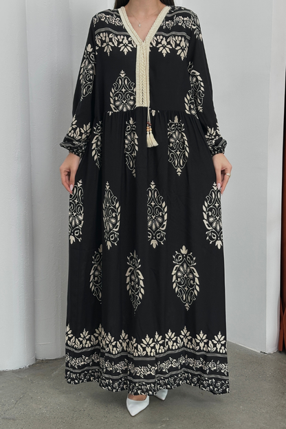 Kadın Elbise Uzun Yazlık Desenli V Yaka Tesettür Elbise