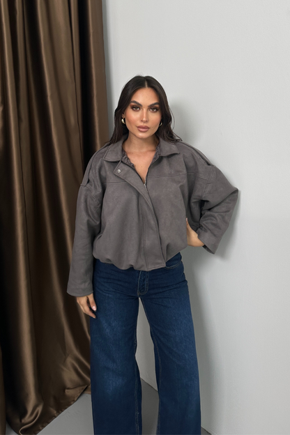 Kadın Mont Kısa Oversize Süet Fermuarlı Gömlek Yaka Düşük Omuz Ceket