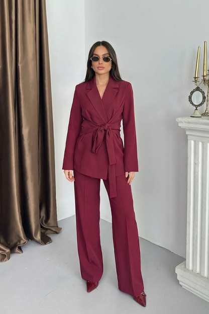 Kadın Ceket Pantolon Takım Beli Bağlama Detaylı Blazer Ceket Bol Paça Pantolon Takım Elbise