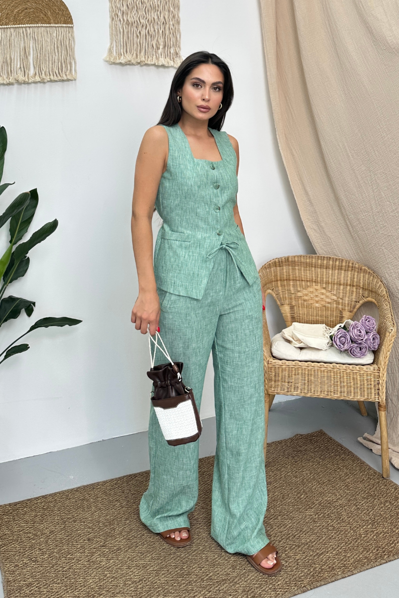 Kadın İkili Alt Üst Takım Keten Düğmeli Kare Yaka Beli Bağcıklı Regular Yelek Bol Pantolon Takım