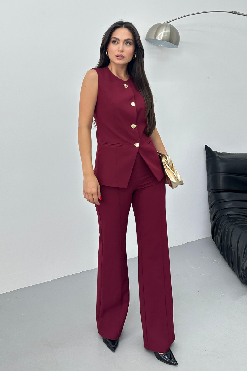 Kadın İkili Alt Üst Takım Şık Düğme Detaylı Bisiklet Yaka Regular Yelek Pantolon Takım