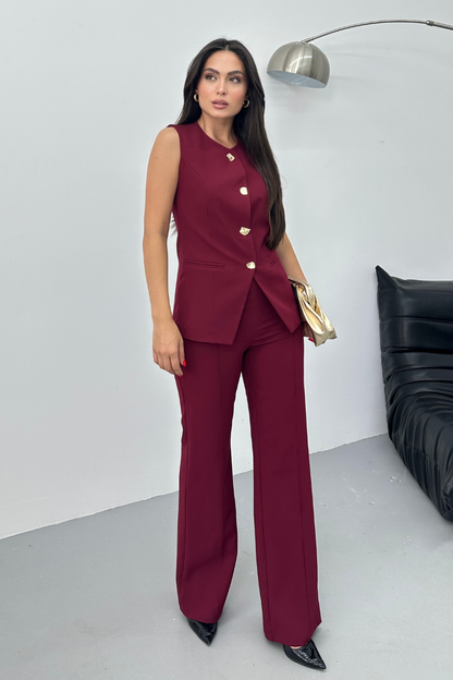 Kadın İkili Alt Üst Takım Şık Düğme Detaylı Bisiklet Yaka Regular Yelek Pantolon Takım