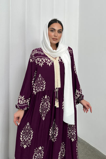 Kadın Elbise Uzun Yazlık Desenli V Yaka Tesettür Elbise