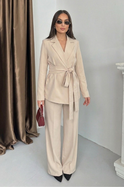 Kadın Ceket Pantolon Takım Beli Bağlama Detaylı Blazer Ceket Bol Paça Pantolon Takım Elbise