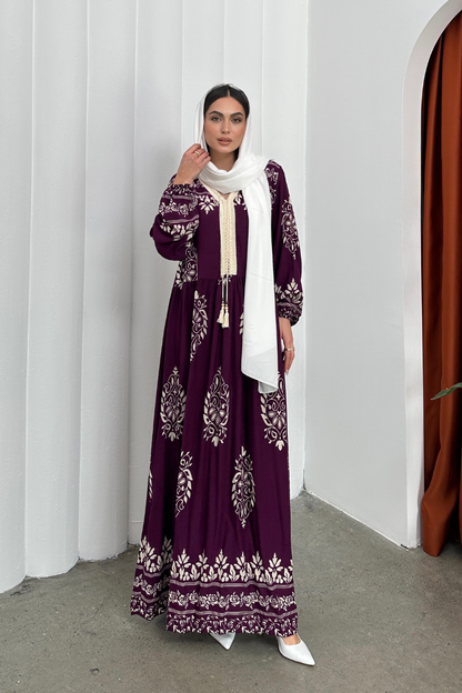 Kadın Elbise Uzun Yazlık Desenli V Yaka Tesettür Elbise