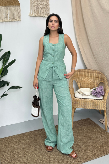 Kadın İkili Alt Üst Takım Keten Düğmeli Kare Yaka Beli Bağcıklı Regular Yelek Bol Pantolon Takım