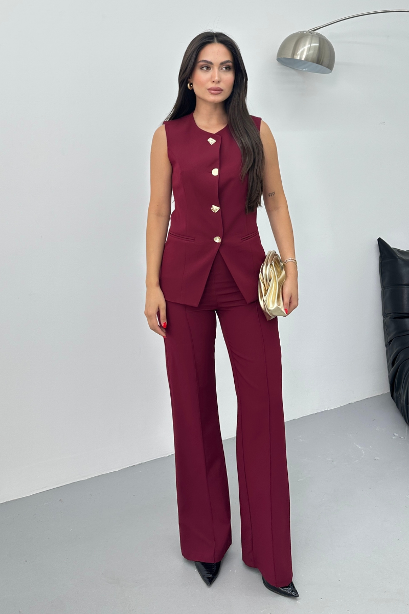 Kadın İkili Alt Üst Takım Şık Düğme Detaylı Bisiklet Yaka Regular Yelek Pantolon Takım