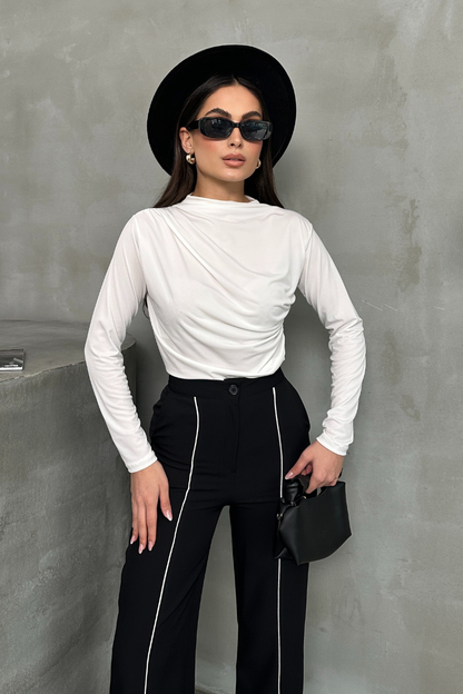 Kadın Bluz Drapeli Uzun Kollu Sandy Kumaş Yüksek Yakalı Likralı Bluz