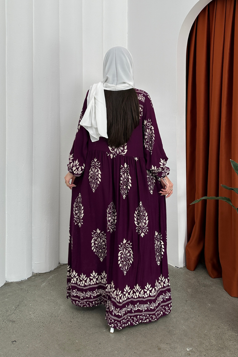 Kadın Elbise Uzun Yazlık Desenli V Yaka Tesettür Elbise