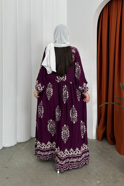 Kadın Elbise Uzun Yazlık Desenli V Yaka Tesettür Elbise