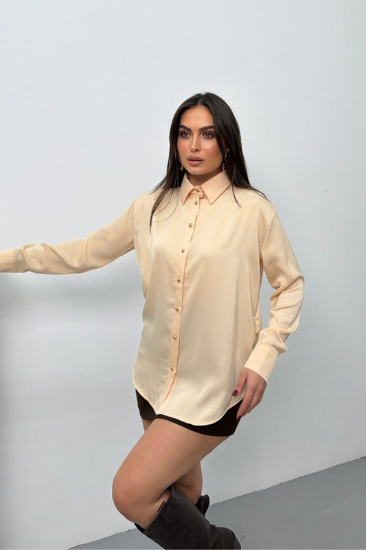 Kadın Gömlek Saten Şık Gold Düğmeli Uzun Kollu Düşük Omuz Gömlek