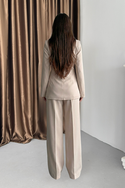 Kadın Ceket Pantolon Takım Beli Bağlama Detaylı Blazer Ceket Bol Paça Pantolon Takım Elbise